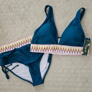 NWT Blue-Green/Teal 2-piece High Waisted Swimsuit with Embroidery